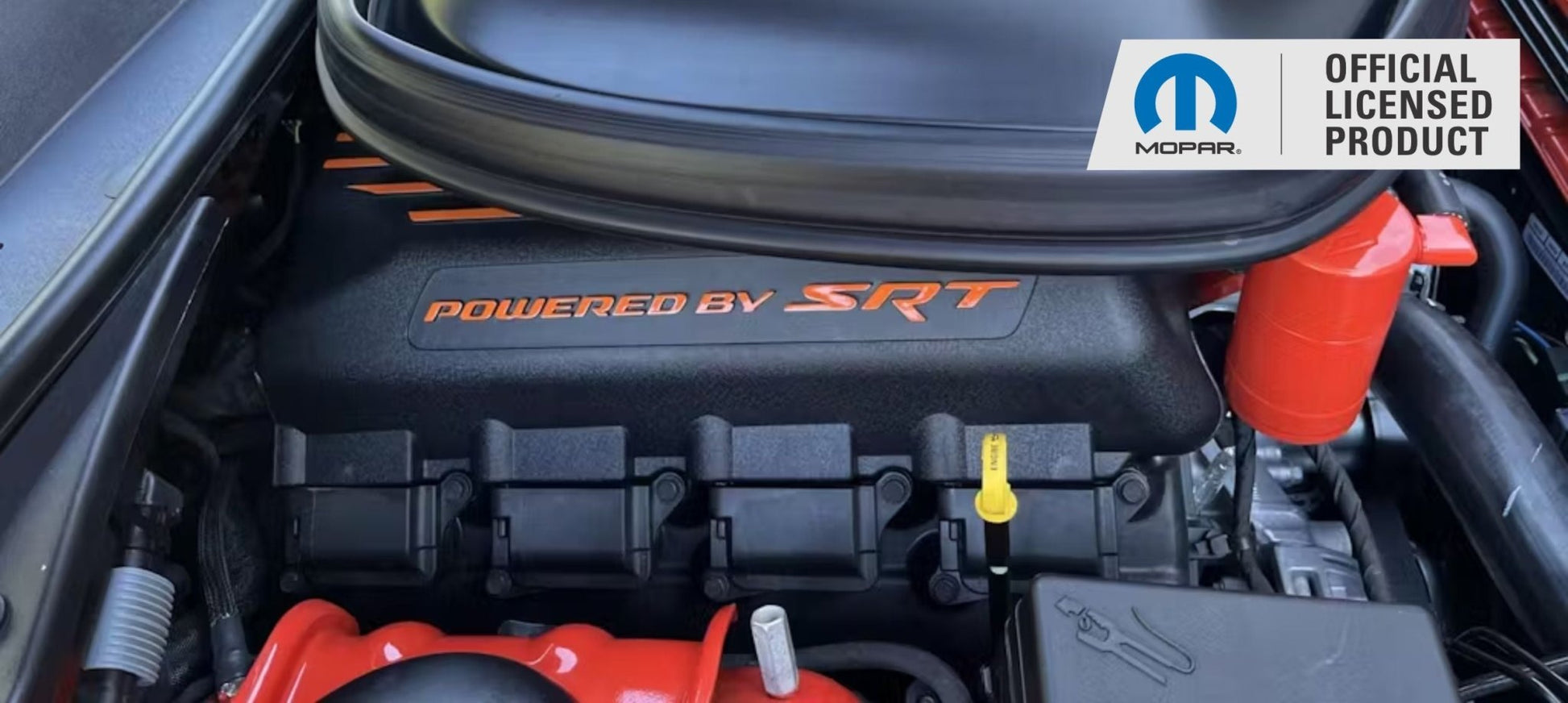 Powered by SRT Engine Cover Overlay Decals - 2015 - 2023 Challenger Scat Pack - Speedlogix