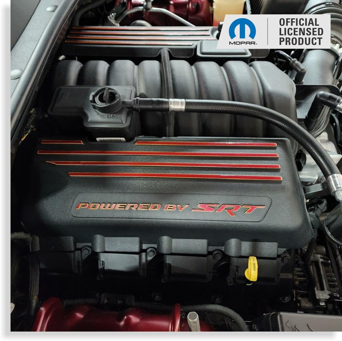 Powered by SRT Engine Cover Overlay Decals - 2015 - 2023 Charger Scat Pack - Speedlogix