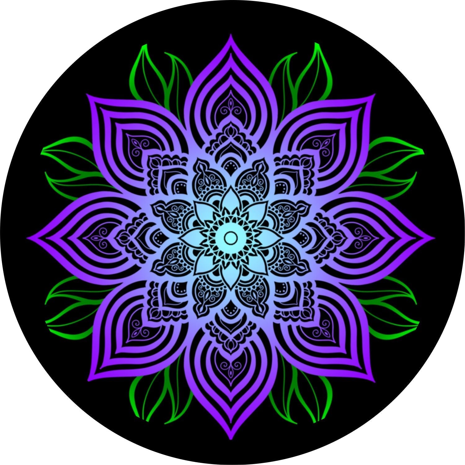 Purple Mandala Flower with Green Leaves Bronco Spare Tire Cover - Speedlogix