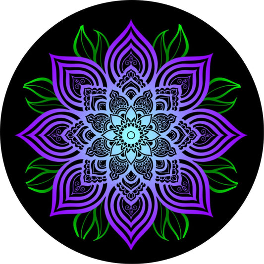 Purple Mandala Flower with Green Leaves Bronco Spare Tire Cover - Speedlogix