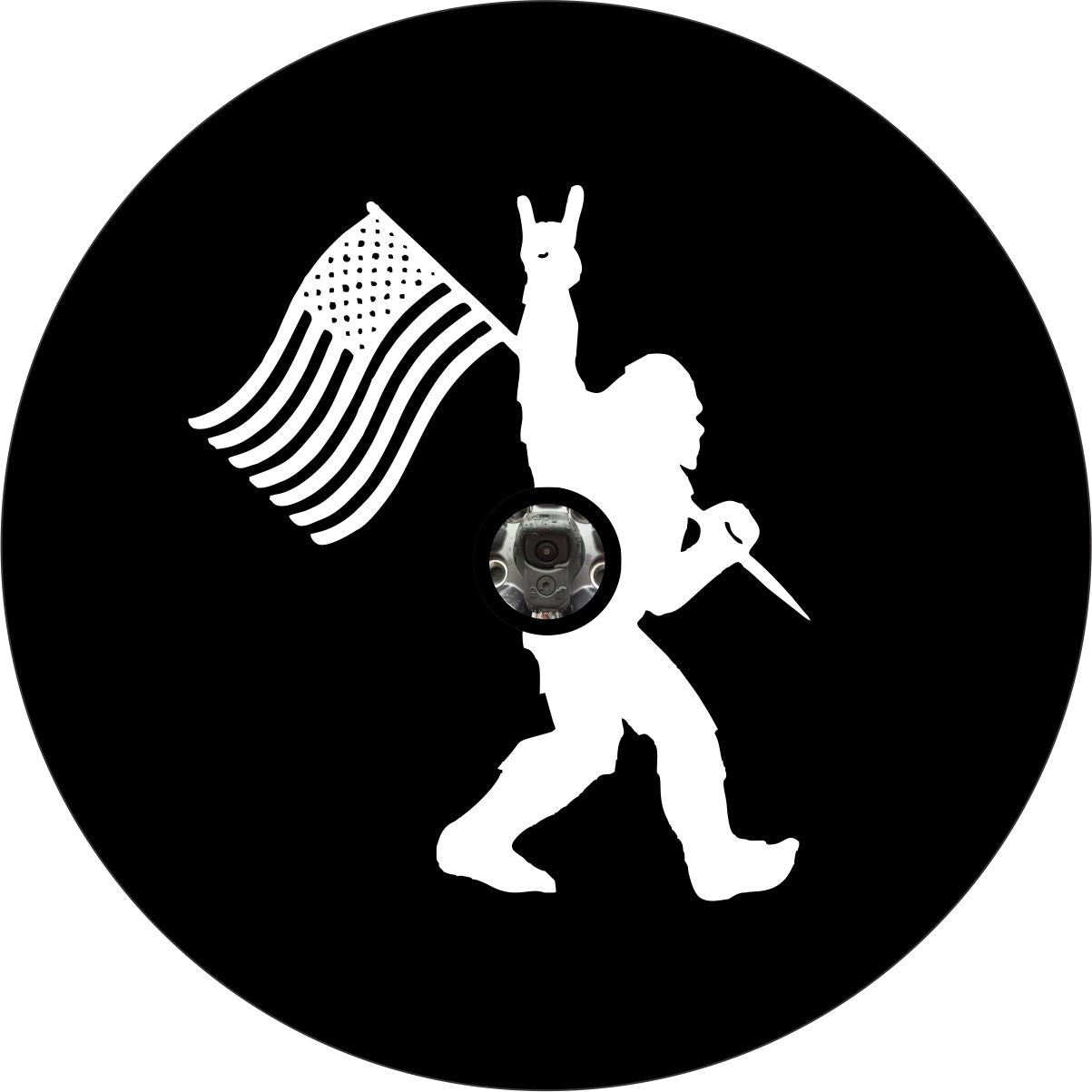 Rock On Bigfoot Sasquatch American Flag Bronco Spare Tire Cover - Speedlogix