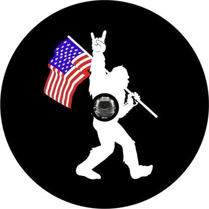 Rock On Bigfoot Sasquatch American Flag ( COLOR ) Spare Tire Cover for Bronco, Jeep, RV Camper, & More - Speedlogix