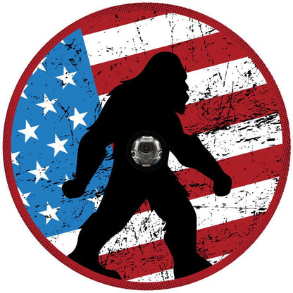 Rustic American Flag & Silhouette of Sasquatch Spare Tire Cover for Bronco, RV, Jeep, Camper, Van - Speedlogix