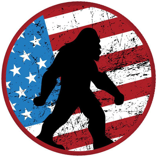 Rustic American Flag & Silhouette of Sasquatch Spare Tire Cover for Bronco, RV, Jeep, Camper, Van - Speedlogix