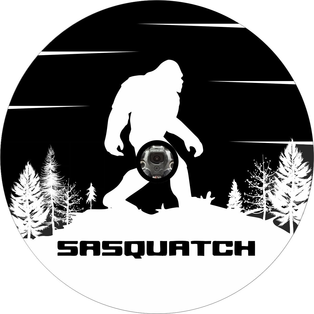 Sasquatch Bigfoot Mountain and Tree Silhouette Spare Tire Cover for Jeep, Bronco, RV, Camper, Trailer, & More - Speedlogix