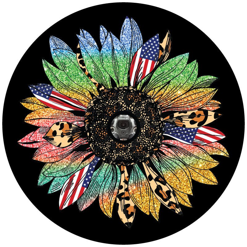 Sunflower Gone Wild - Cheetah Print, Rainbow Sparkles, American Flag Bronco Spare Tire Cover - Speedlogix