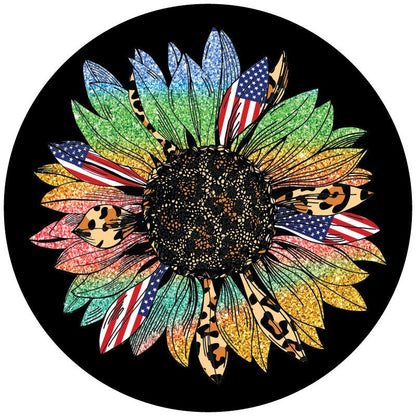 Sunflower Gone Wild - Cheetah Print, Rainbow Sparkles, American Flag Bronco Spare Tire Cover - Speedlogix
