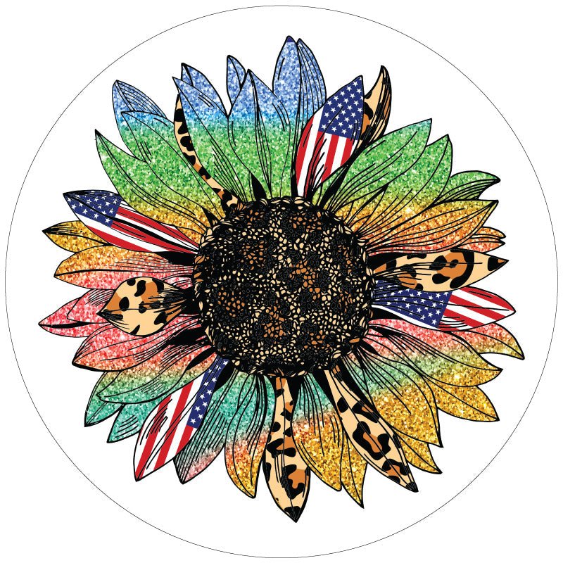 Sunflower Gone Wild - Cheetah Print, Rainbow Sparkles, American Flag Bronco Spare Tire Cover - Speedlogix