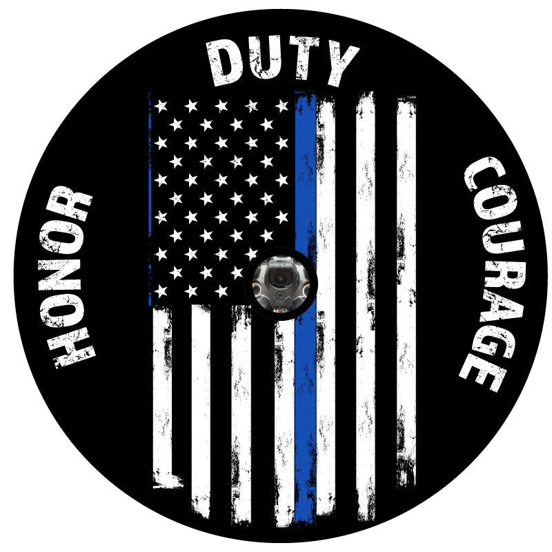 Thin Blue Line Flag + Honor, Duty, Courage Bronco Spare Tire Cover - Speedlogix