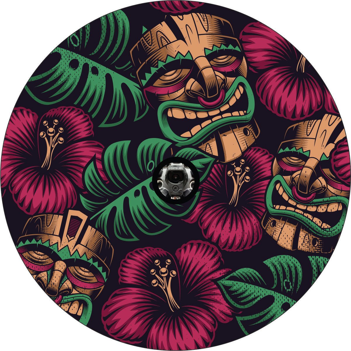 Tiki Mask Tropical Flowers Creative Bronco Spare Tire Cover - Speedlogix
