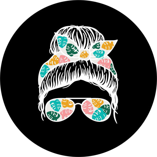Top Knot Tropical Girl With Sunglasses - Bronco Spare Tire Cover - Speedlogix