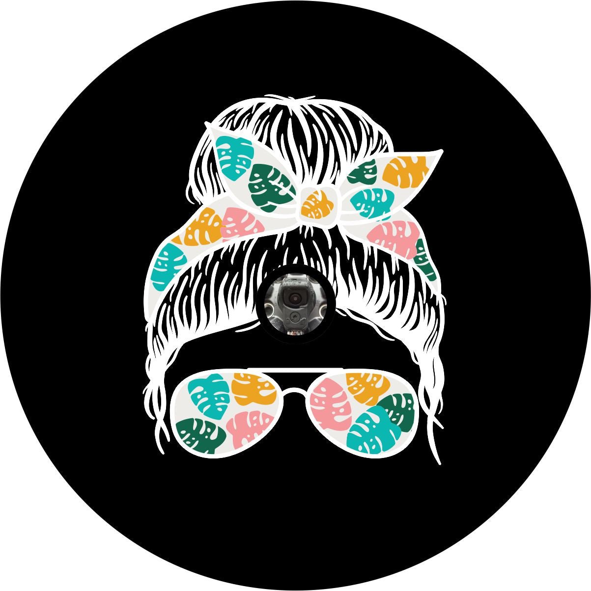 Top Knot Tropical Girl With Sunglasses - Bronco Spare Tire Cover - Speedlogix
