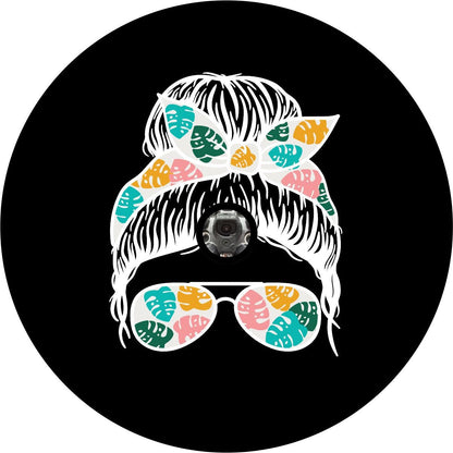 Top Knot Tropical Girl With Sunglasses - Bronco Spare Tire Cover - Speedlogix