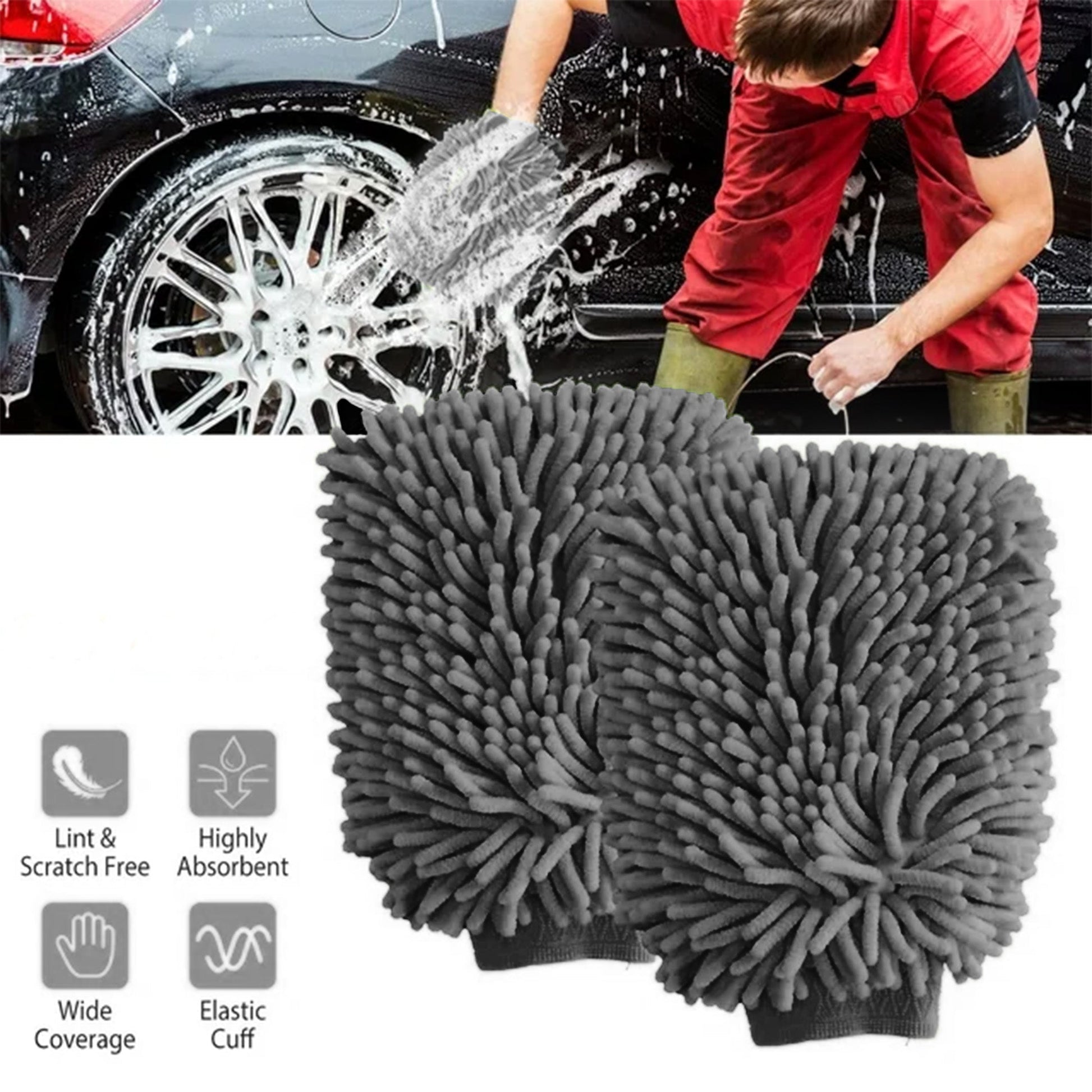 WASH&WHIPS Microfiber Chenille Car Cleaning Mitt - 2pk - Speedlogix