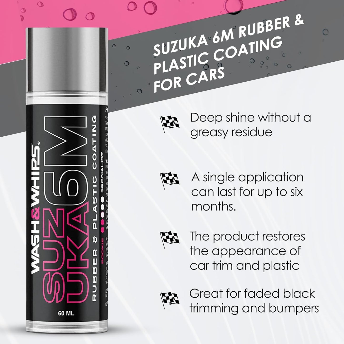WASH&WHIPS Suzuka 6M Rubber & Plastic Coating for Cars, Restores and Brings Back Black - Concentrated Formula Non - Greasy, 60ml - Speedlogix