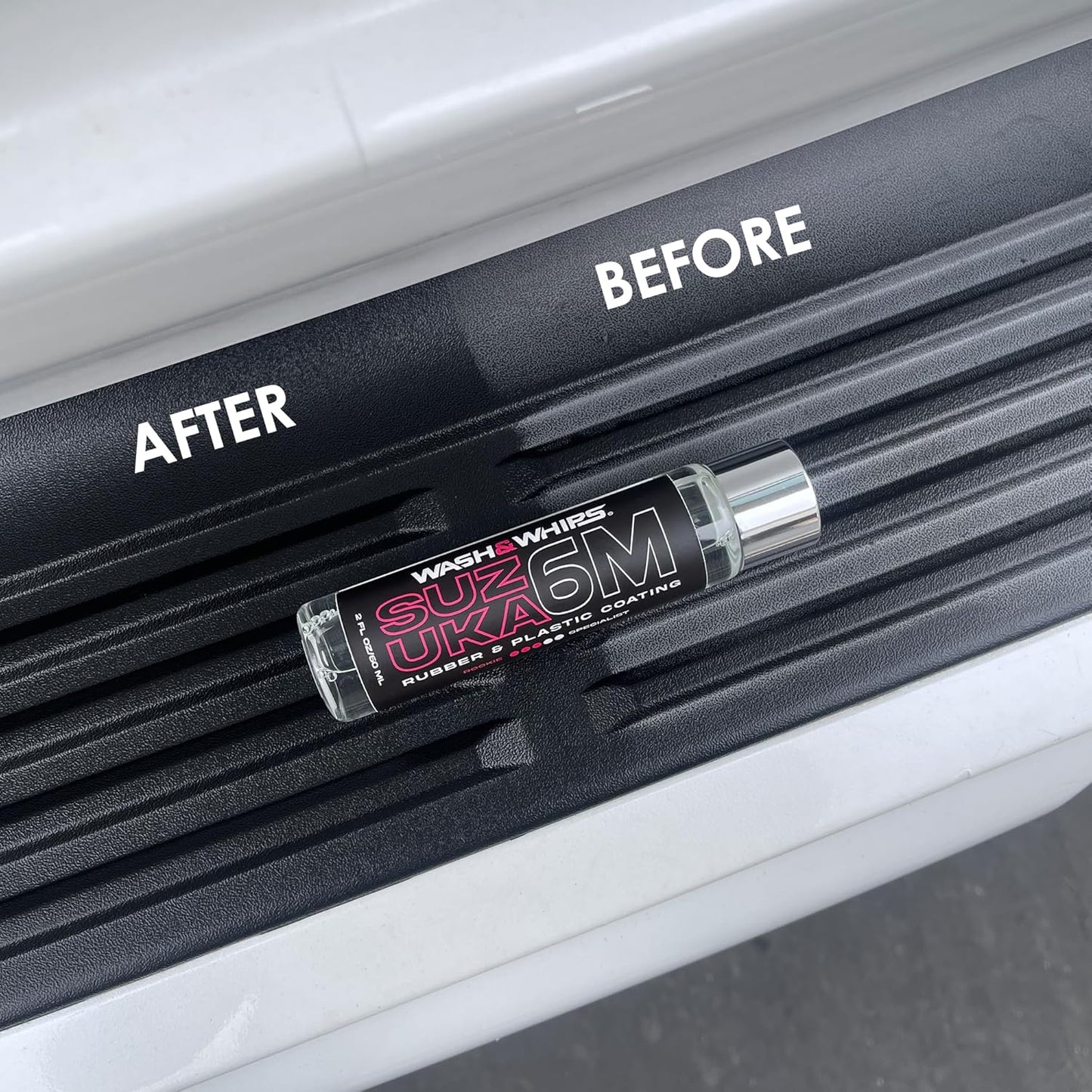 WASH&WHIPS Suzuka 6M Rubber & Plastic Coating for Cars, Restores and Brings Back Black - Concentrated Formula Non - Greasy, 60ml - Speedlogix