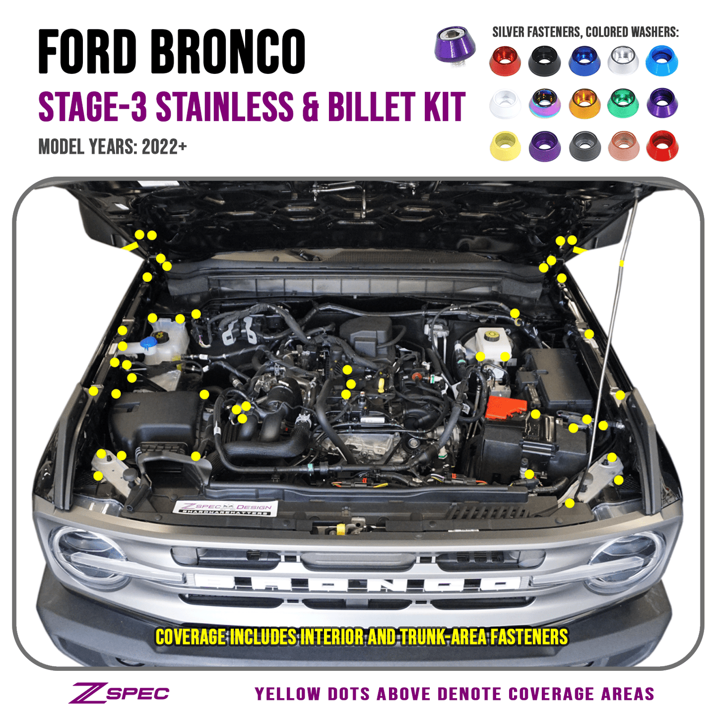 ZSPEC Stage - 3 Dress Up Bolts® Fastener Kit for '21+ Ford Bronco 2.7L, Stainless - Billet - Speedlogix