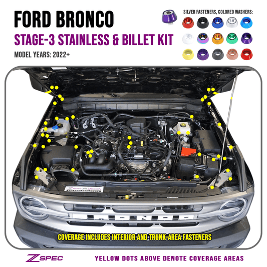 ZSPEC Stage - 3 Dress Up Bolts® Fastener Kit for '21+ Ford Bronco 2.7L, Stainless - Billet - Speedlogix